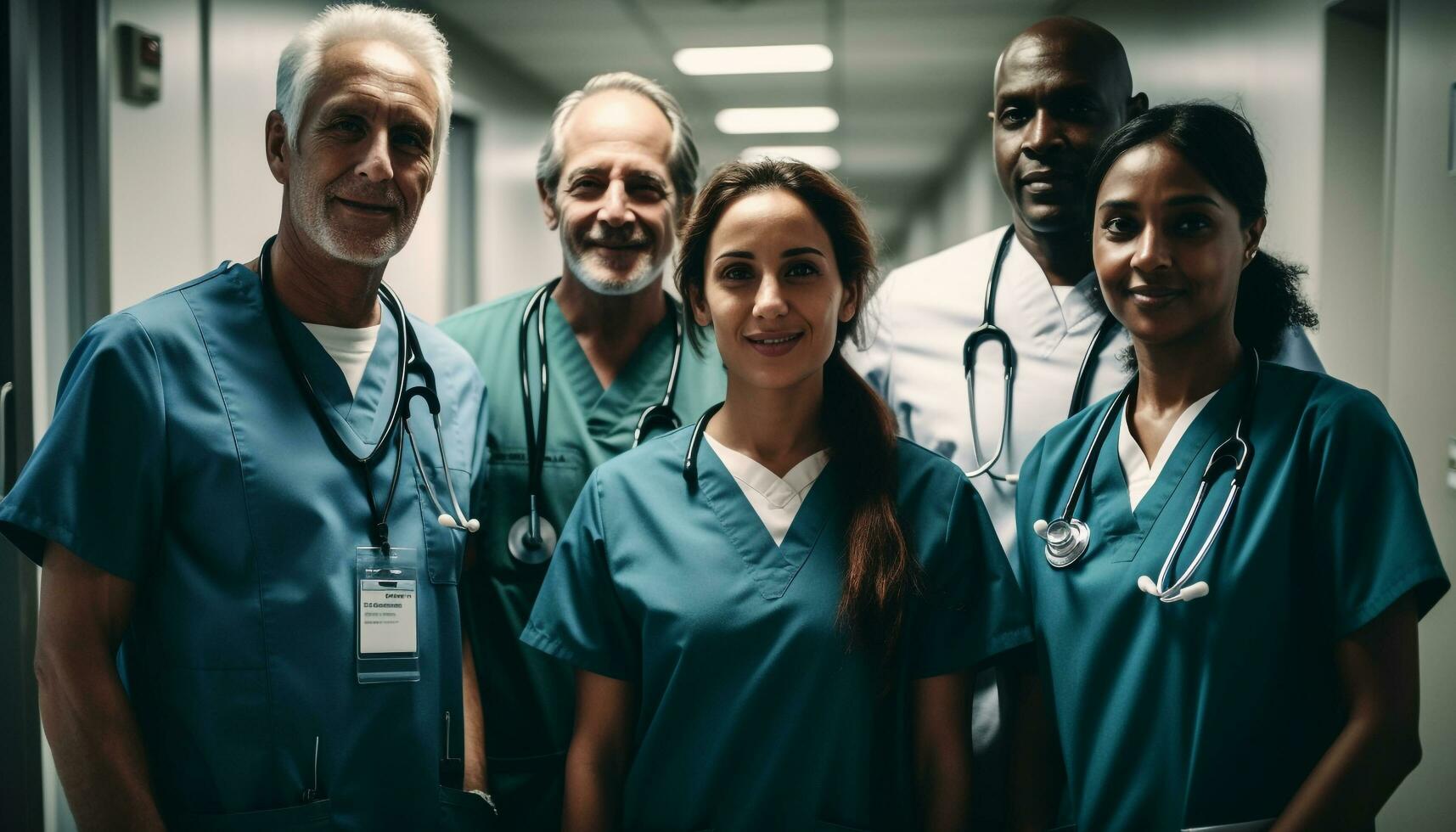 medicinsk team poser lyckligt i de sjukhus genererad förbi ai foto