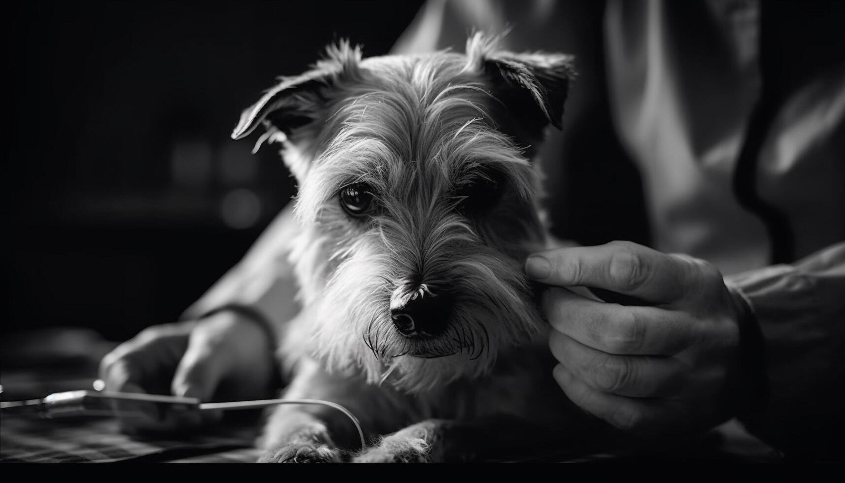 svart och vit terrier valp sitter utomhus, lojala genererad förbi ai foto