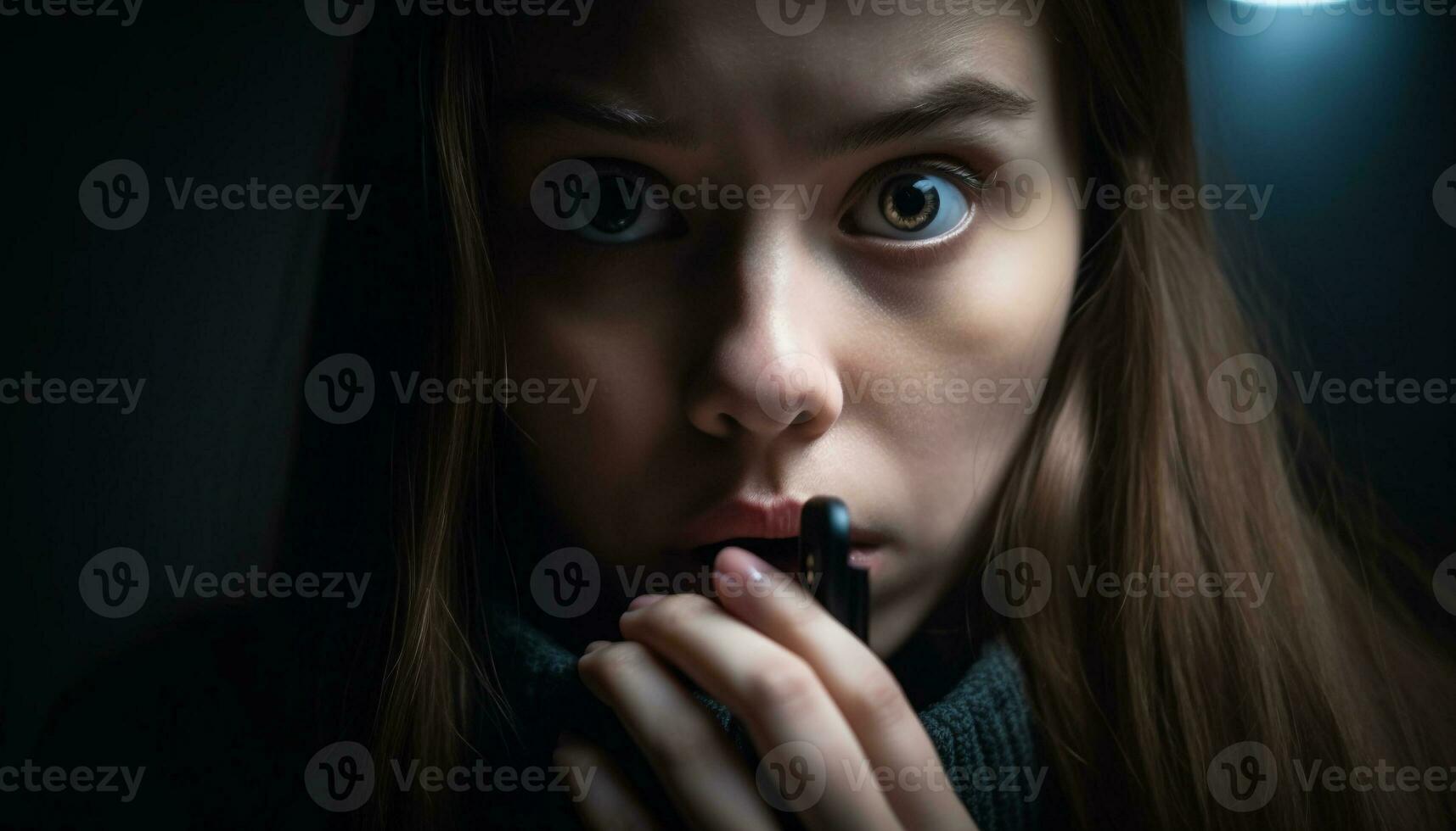 ung kvinna, ensam i mörk, uttrycker sorg genererad förbi ai foto