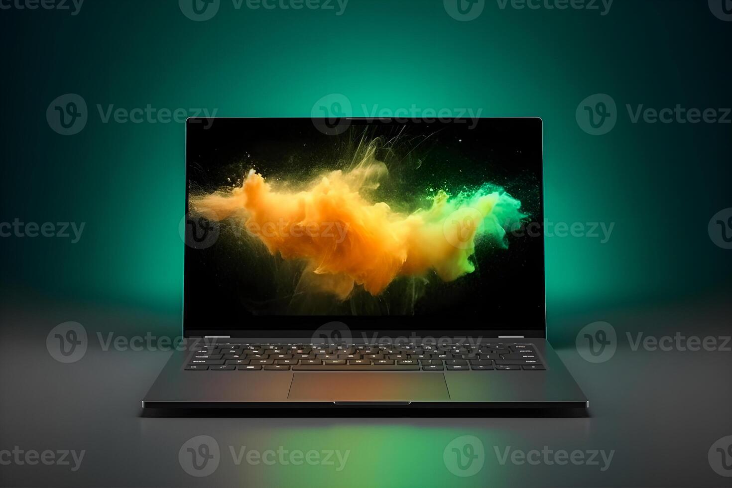 elegant bärbar dator attrapp trendig bakgrund, hög kvalitet och realistisk, perfekt för marknadsföring generativ ai foto