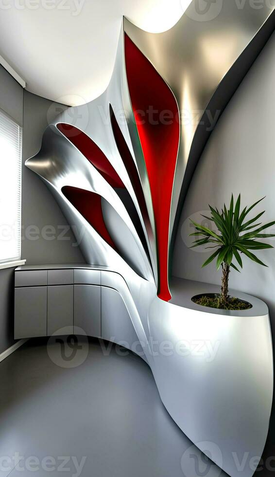 modern design arkitektonisk interiör med abstrakt stor plantering, röd och silver- Färg schema. generativ ai teknologi. foto