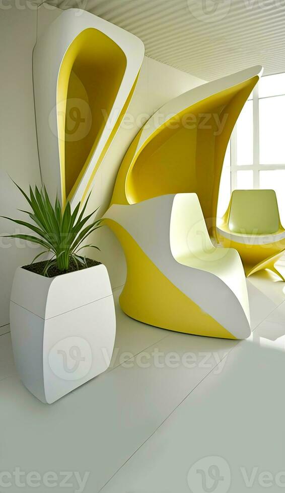 närbild bild av modern design arkitektur interiör med stolar, stor plantering. arkitektonisk fotografi. generativ ai teknologi. foto