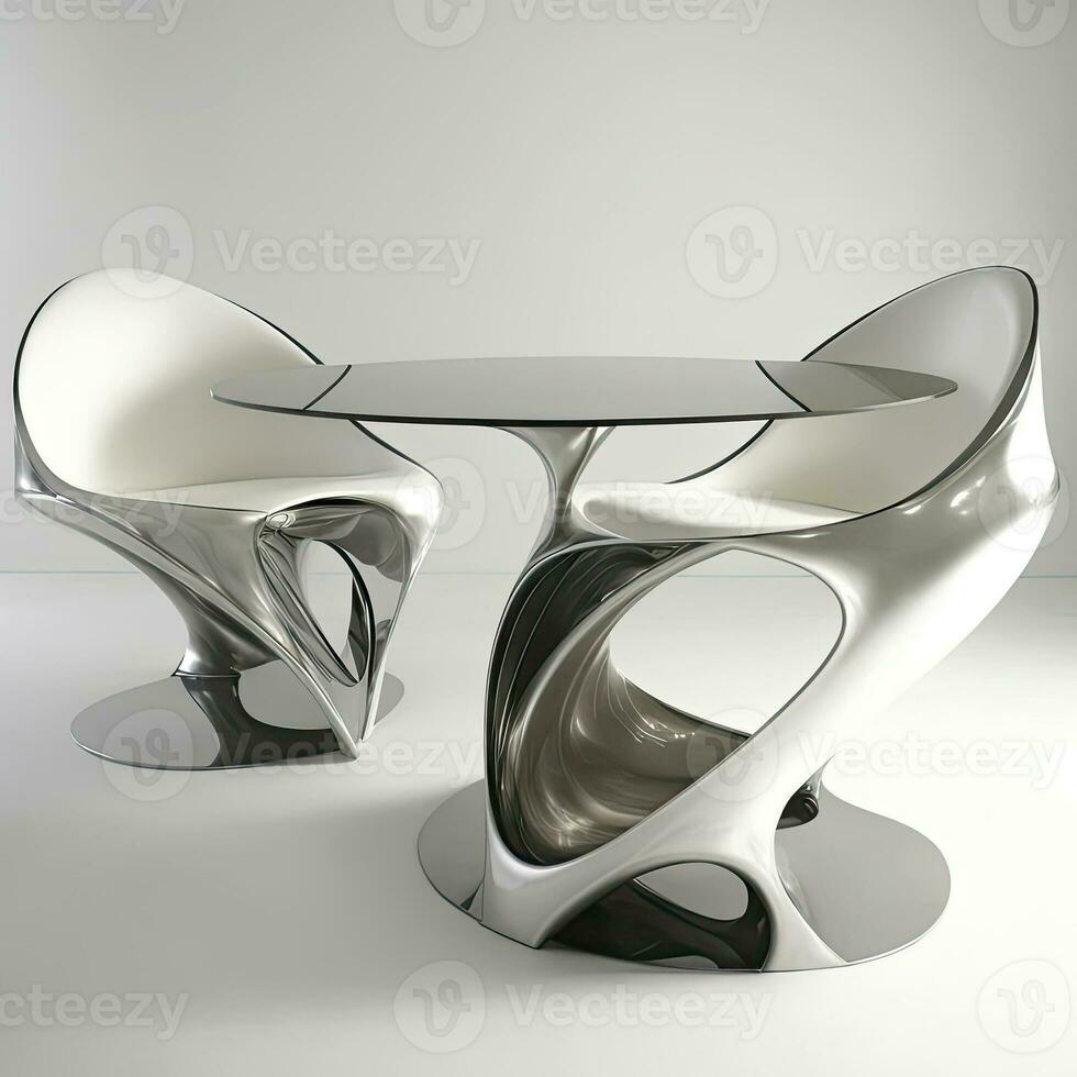 ultra modern möbel av lyx två stolar med en tabell i vit och silver- Färg. generativ ai teknologi. foto