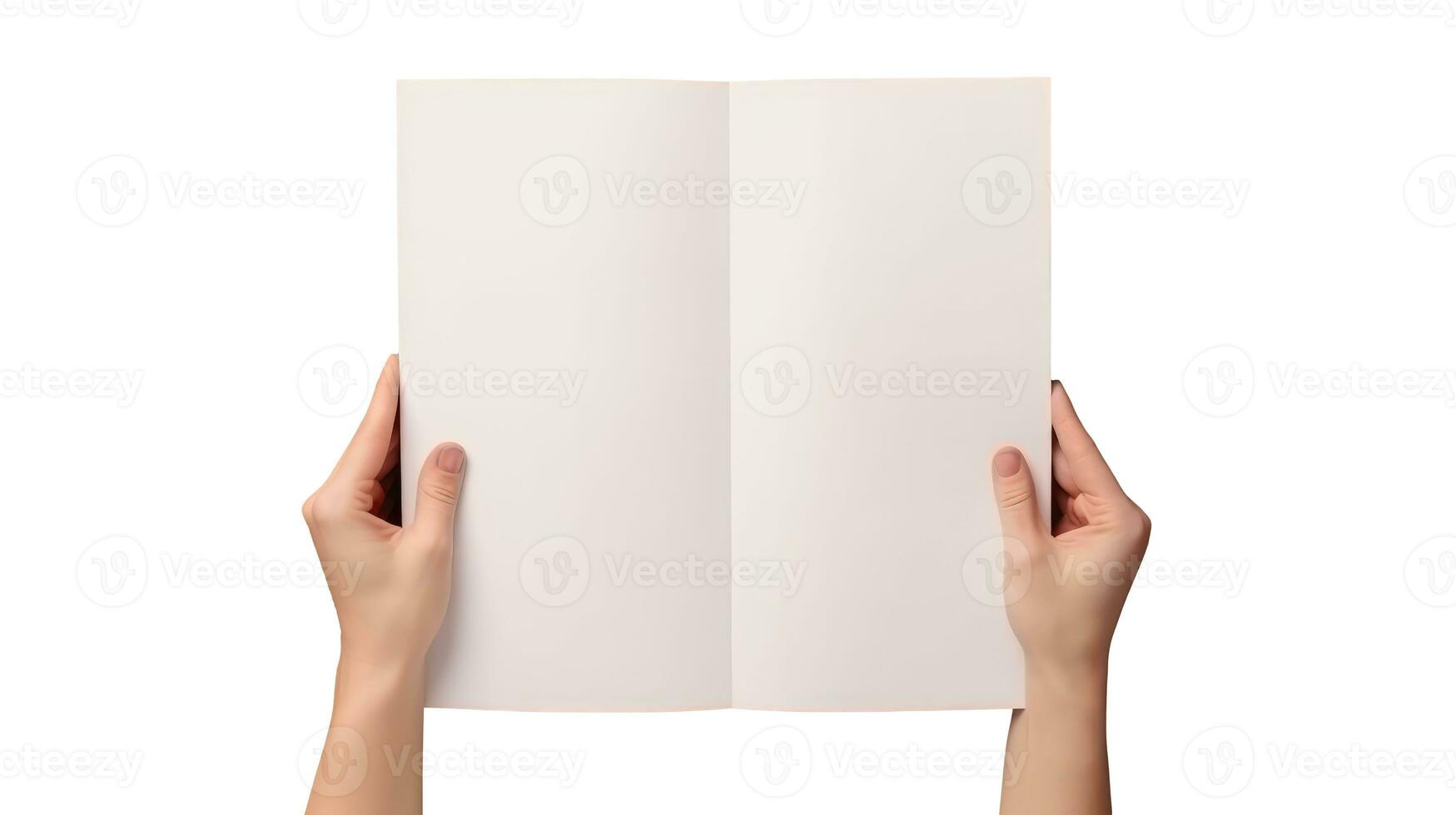 topp se Foto av mänsklig hand innehav tom vit bi-faldigt papper.