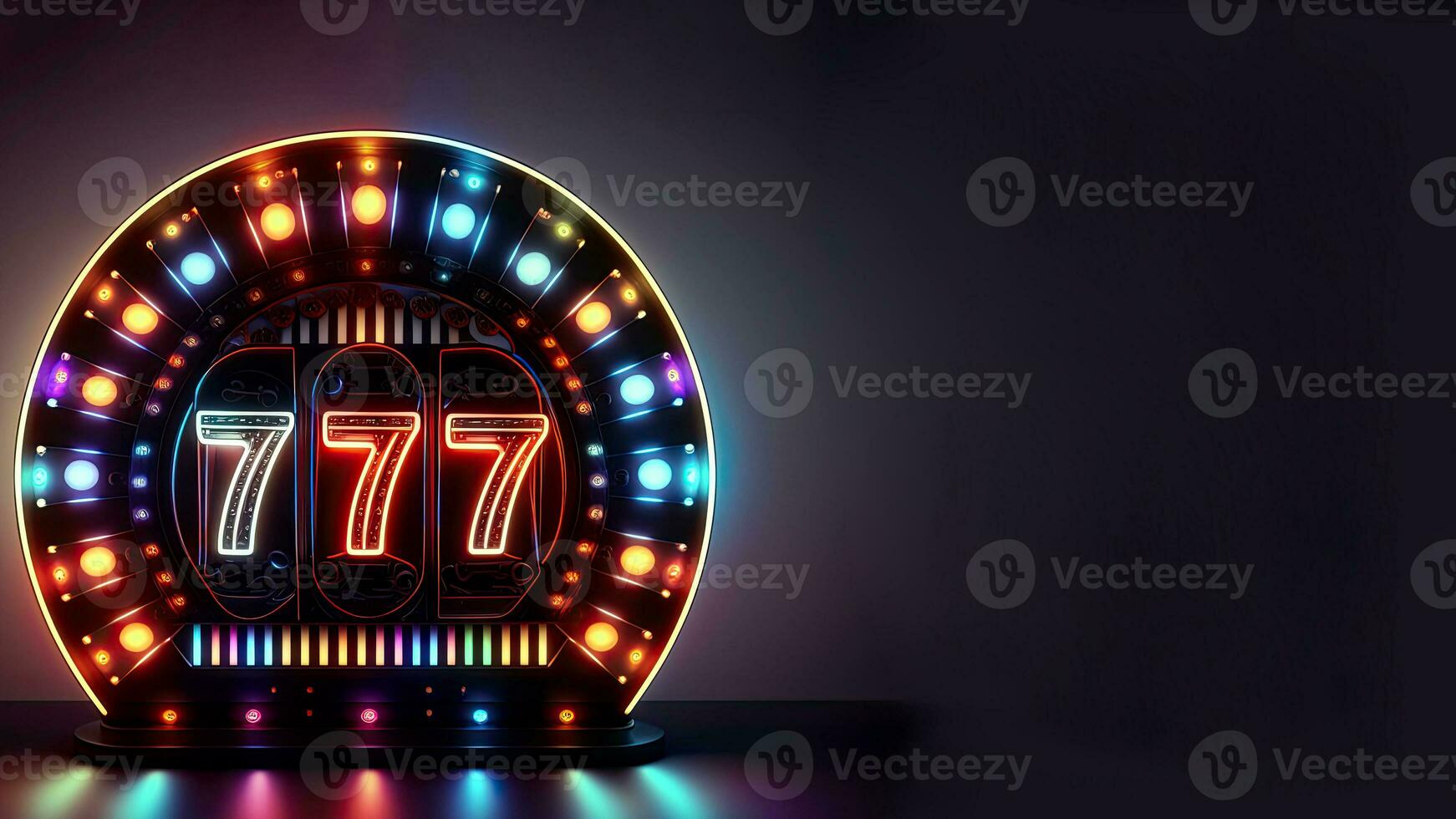 lysande neon 777 spår maskin på tält cirkulär ram eller styrelse för annons, kasino spel begrepp. generativ ai teknologi. foto