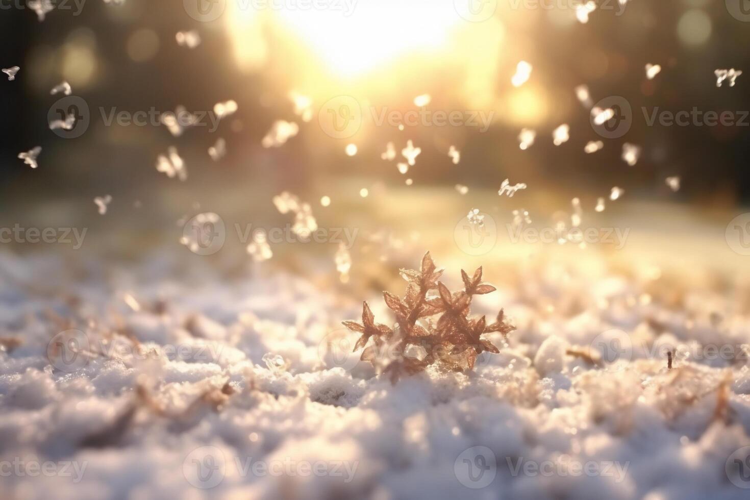 makro Foto av snö flingor faller, suddig bakgrund, hyper verklig, mycket detaljerad, solstrålar, 8 K. ai generativ