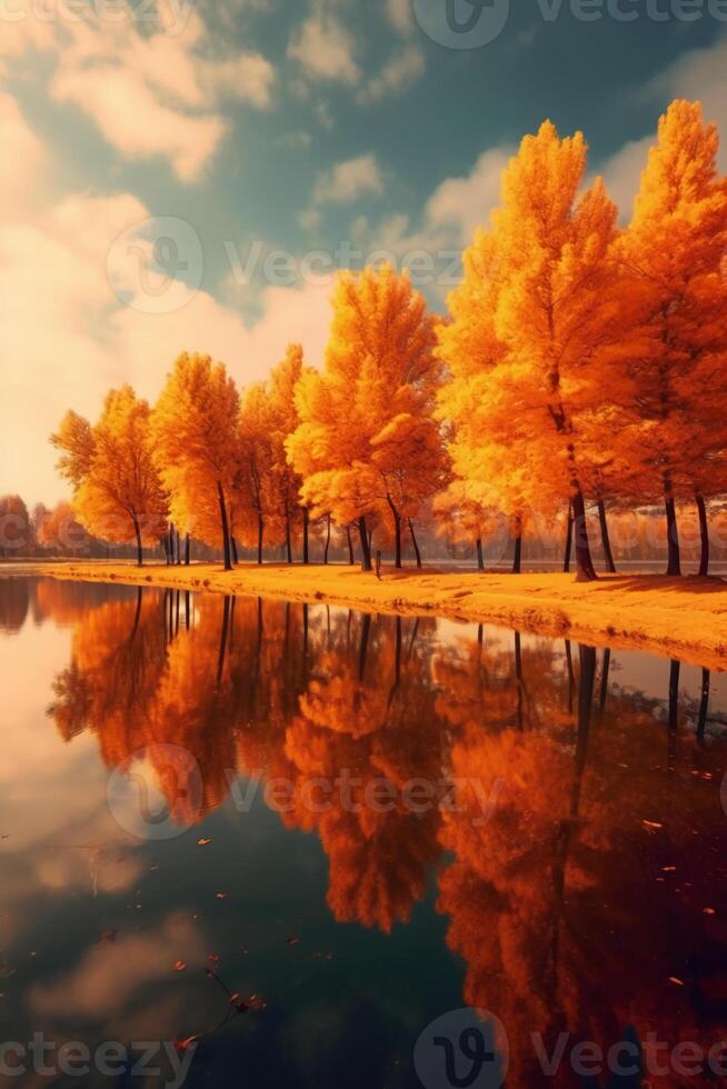 fantastisk detalj reflexion av de gyllene och orange katsura träd runt om de naturlig runda sjö. ai generativ foto