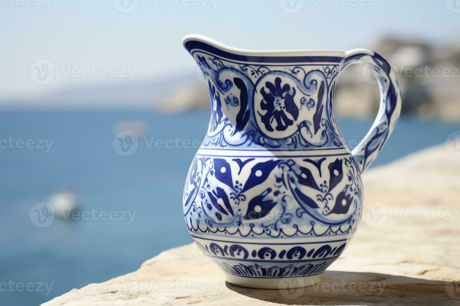 inspirerad tillbringare vas tillverkad av hand målad keramisk, Utsmyckad med vibrerande blå och vit mönster. ai generativ foto