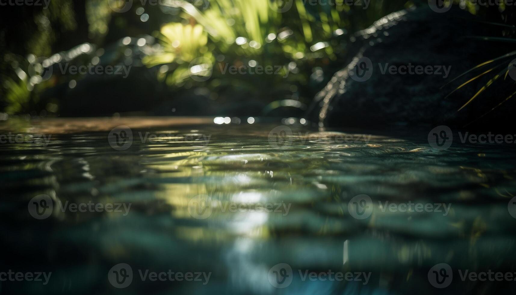 lugn scen av grön skog, våt reflexion genererad förbi ai foto