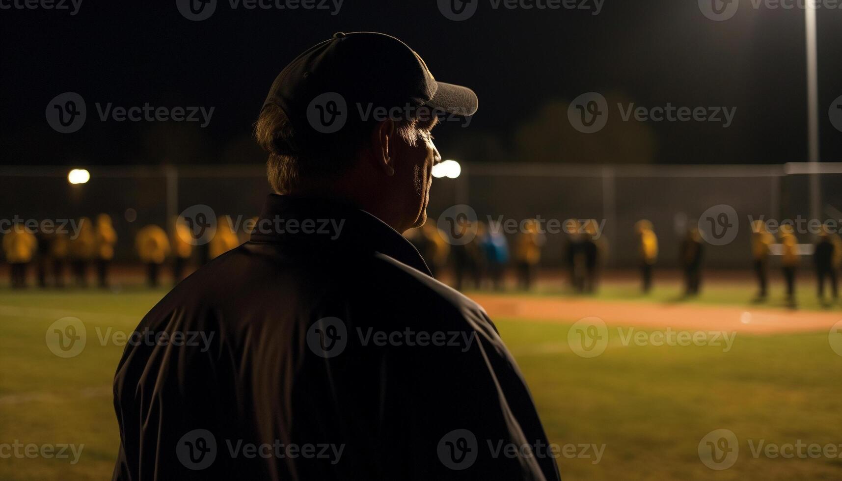 bakgrundsbelyst baseboll spelare spelar på natt i stad genererad förbi ai foto