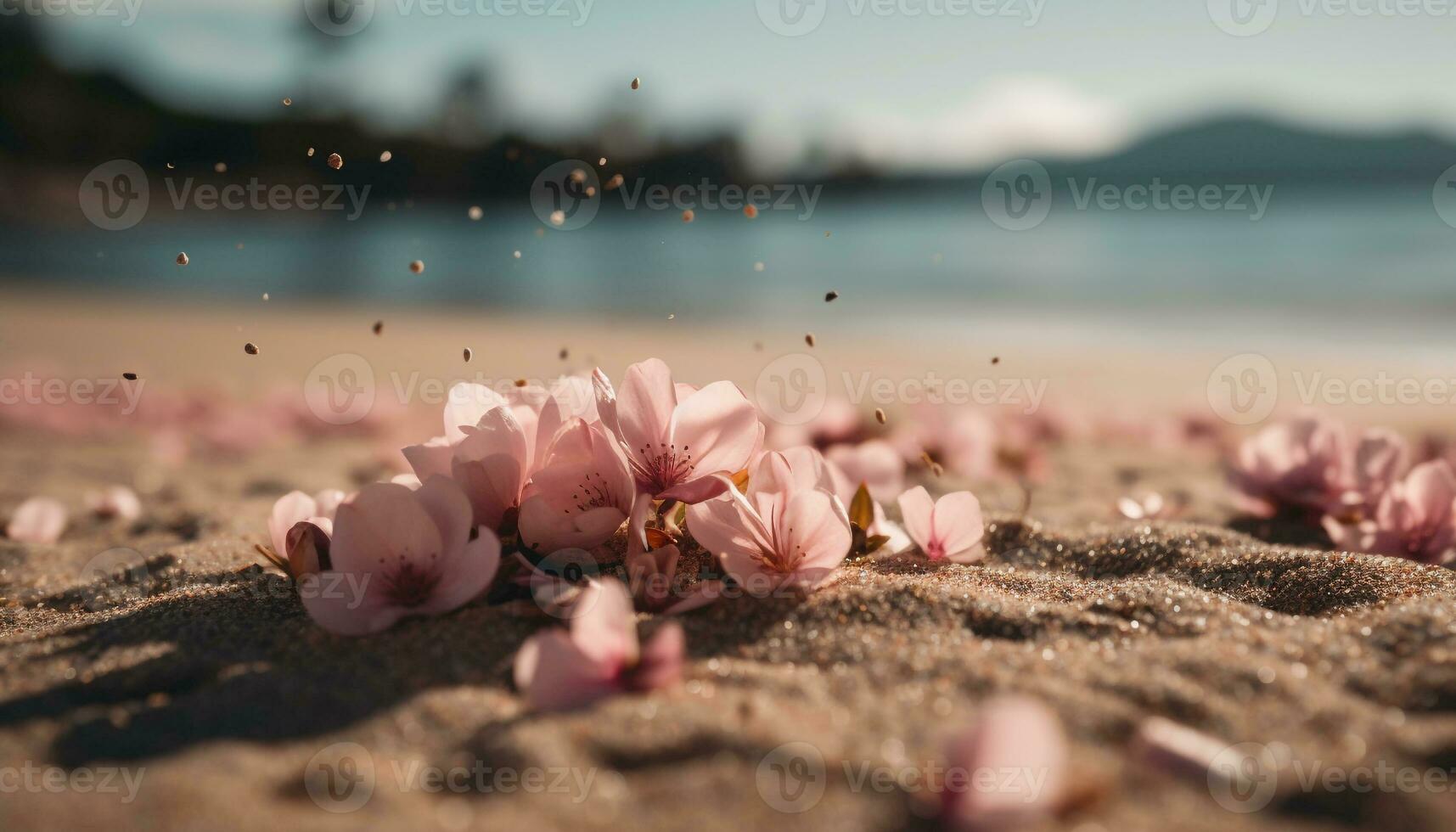 lugn scen på vattnen kant, rosa blommar blomma genererad förbi ai foto