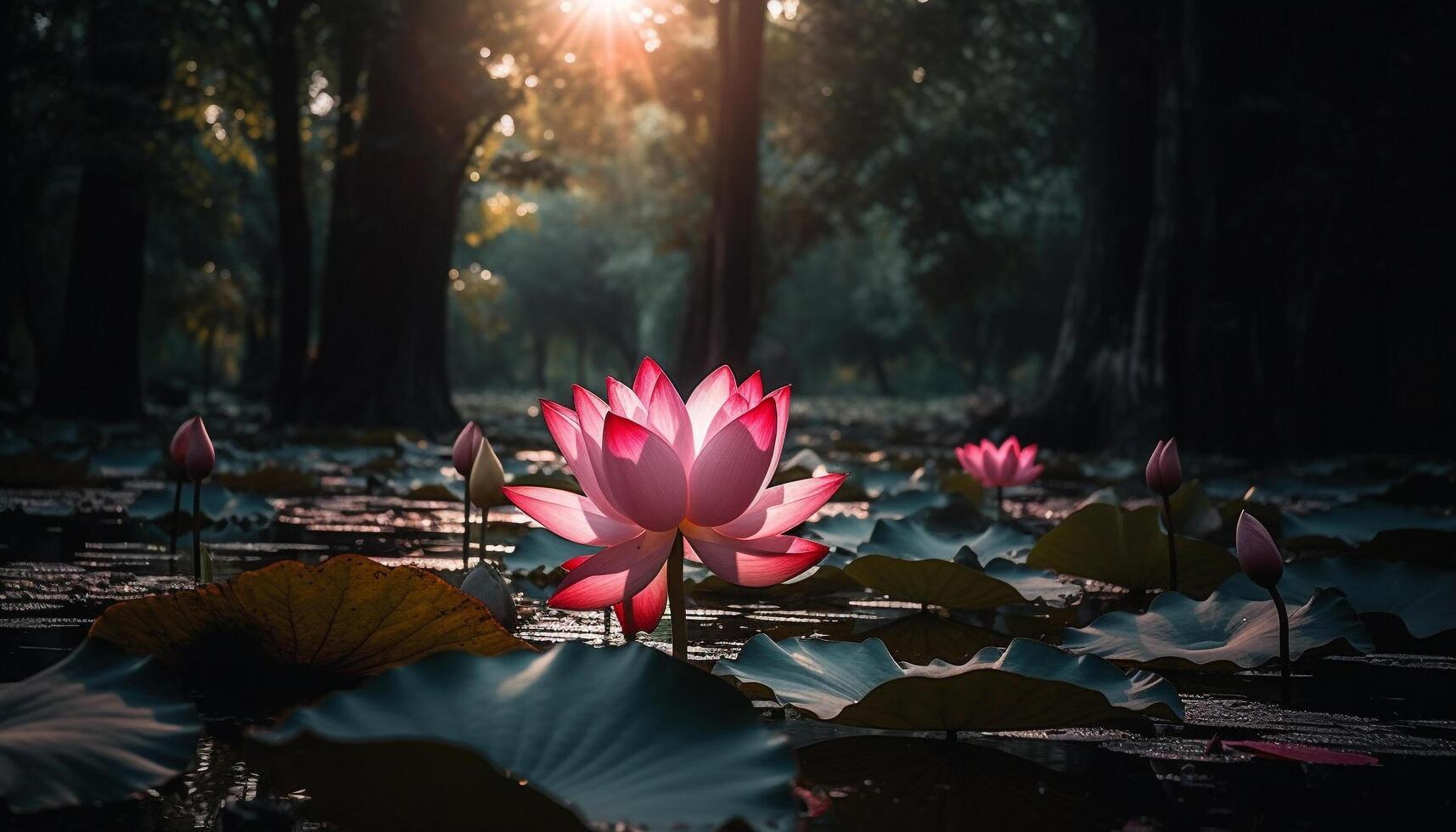 lotus vatten lilja, rosa kronblad, lugn reflexion genererad förbi ai foto