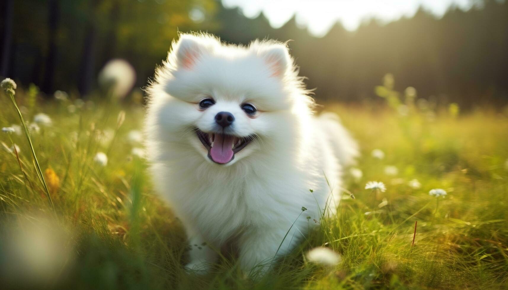 söt pomeranian valp Sammanträde i grön gräs genererad förbi ai foto