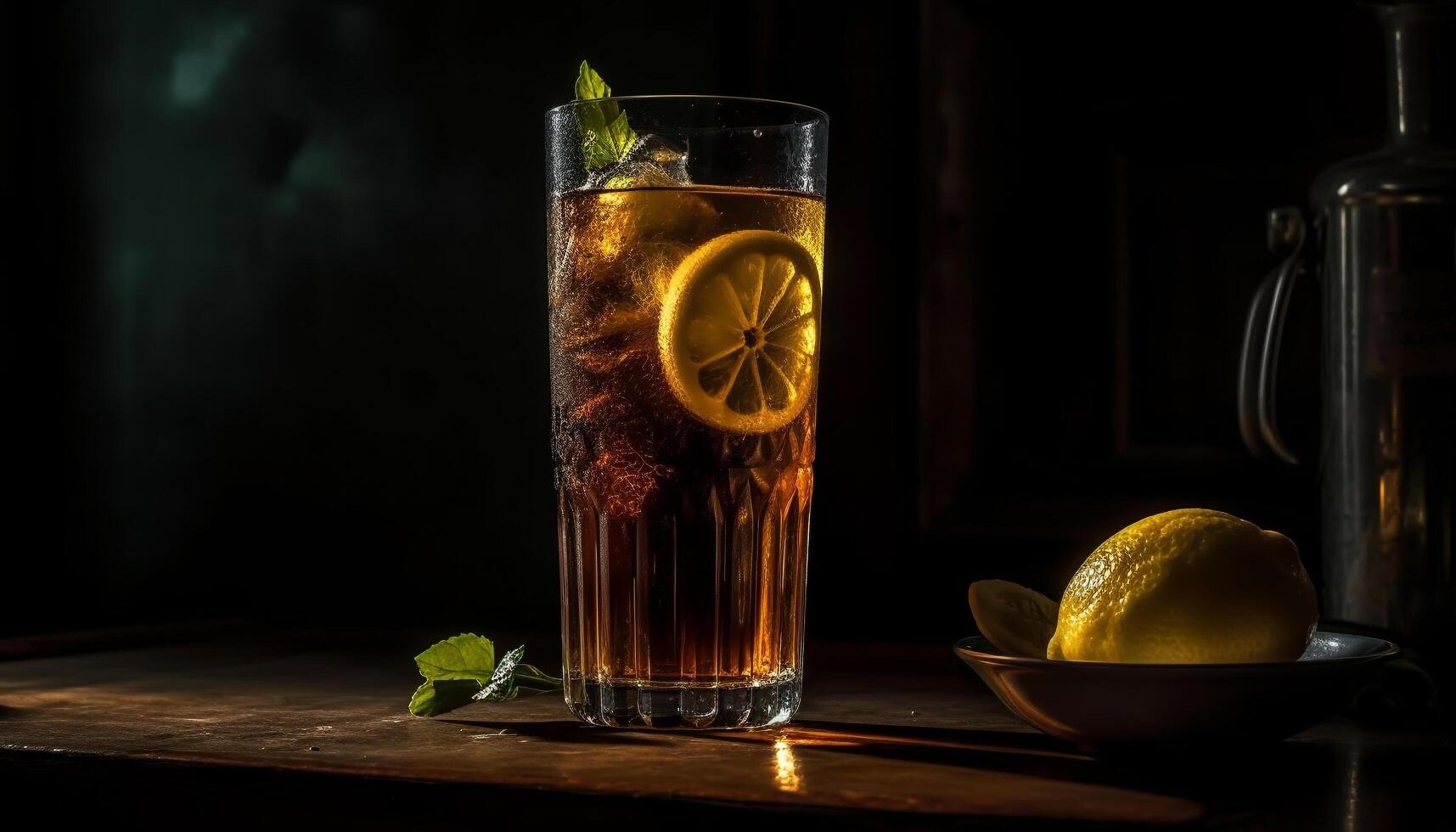 uppfriskande citrus- cocktail på trä- tabell utomhus genererad förbi ai foto