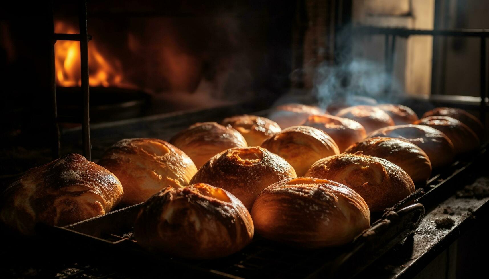 nyligen bakad bröd, ugn värme, gourmet måltid genererad förbi ai foto