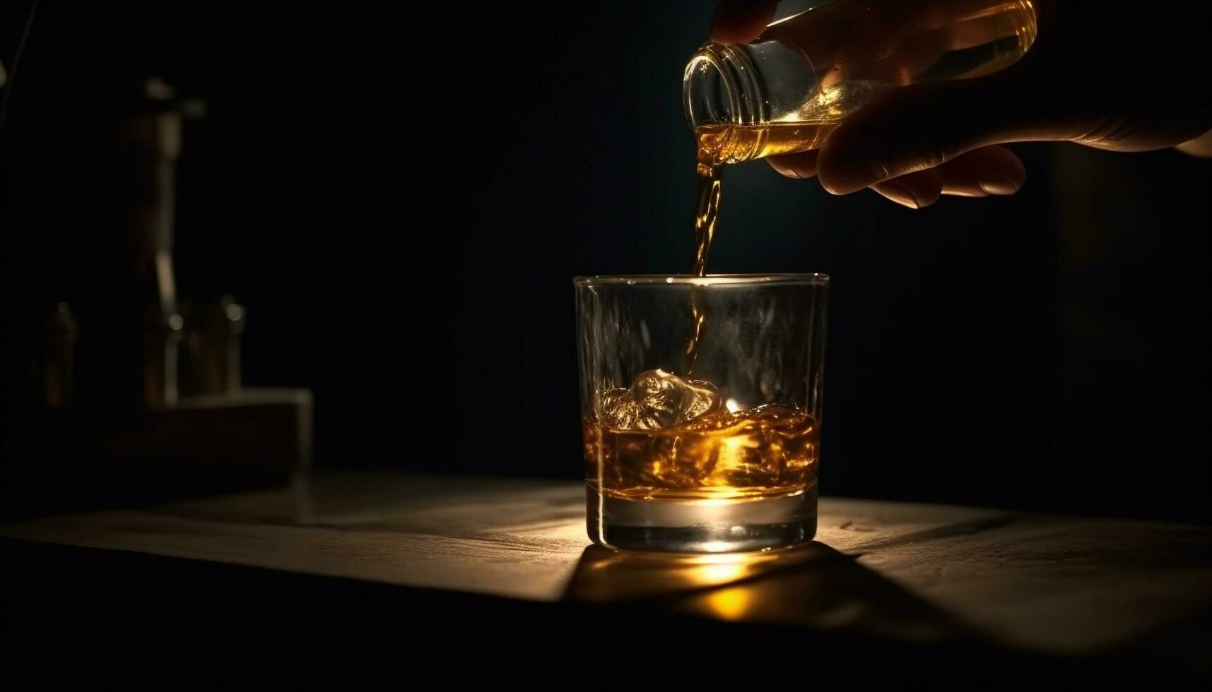 män Häll i hård sprit, is, och whisky genererad förbi ai foto