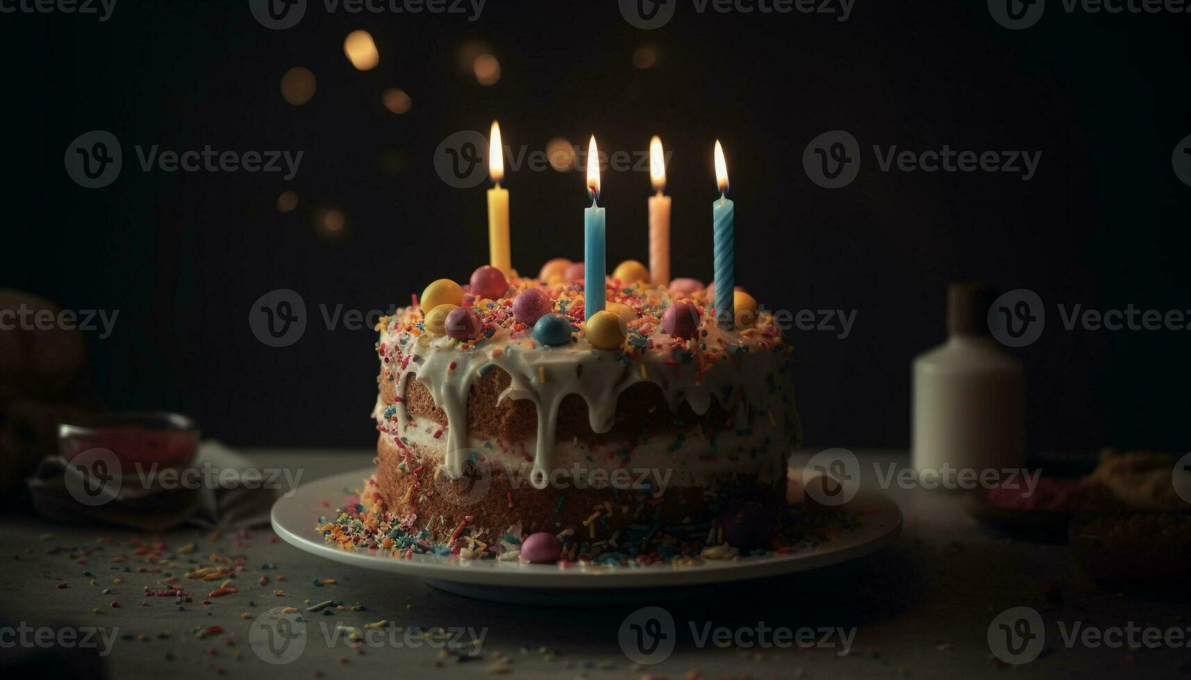 födelsedag kaka i lågor med ljus, ljuv flathet genererad förbi ai foto