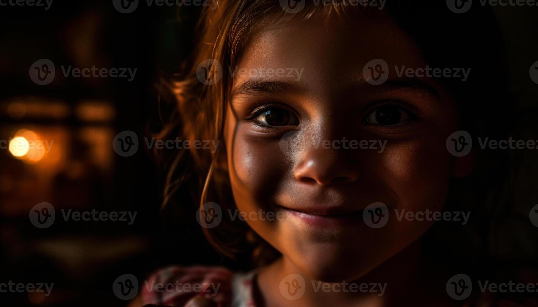 söt brun håriga flicka leende glatt på kamera genererad förbi ai foto