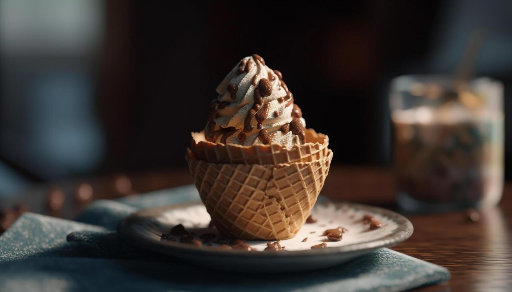 eftergiven sommar mellanmål is grädde, frukt, kaffe genererad förbi ai foto