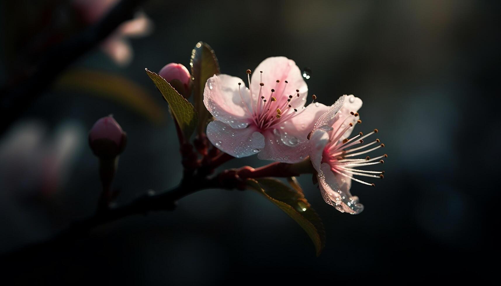 vibrerande körsbär blomma, dagg droppar på kronblad genererad förbi ai foto