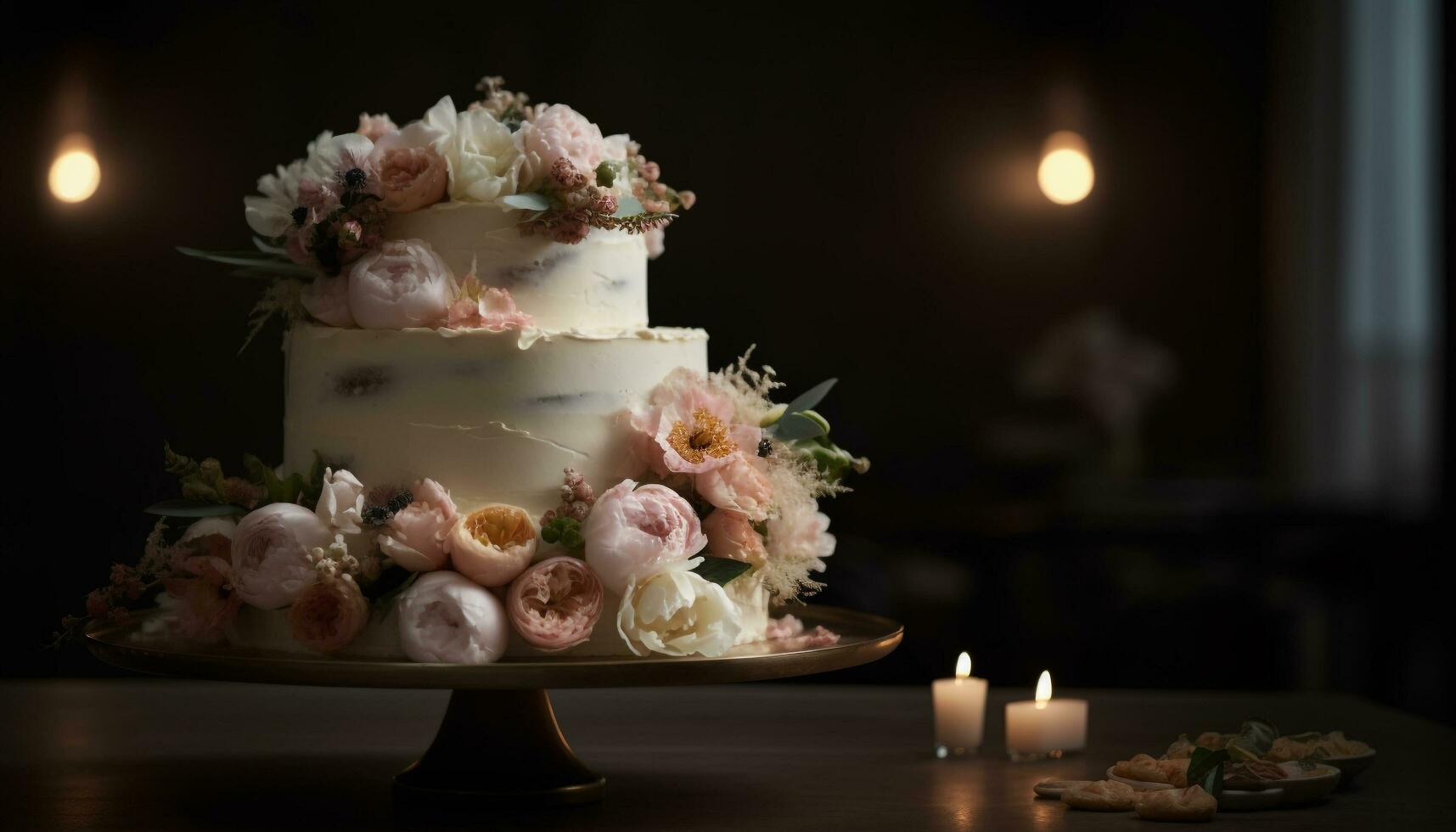 elegant bröllop kaka Utsmyckad med färsk blommor genererad förbi ai foto