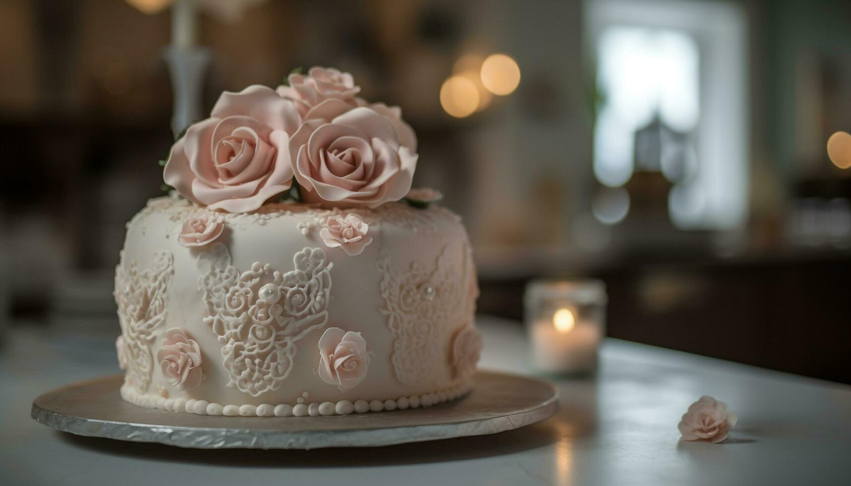 elegant bröllop kaka med choklad glasyr och blommor genererad förbi ai foto