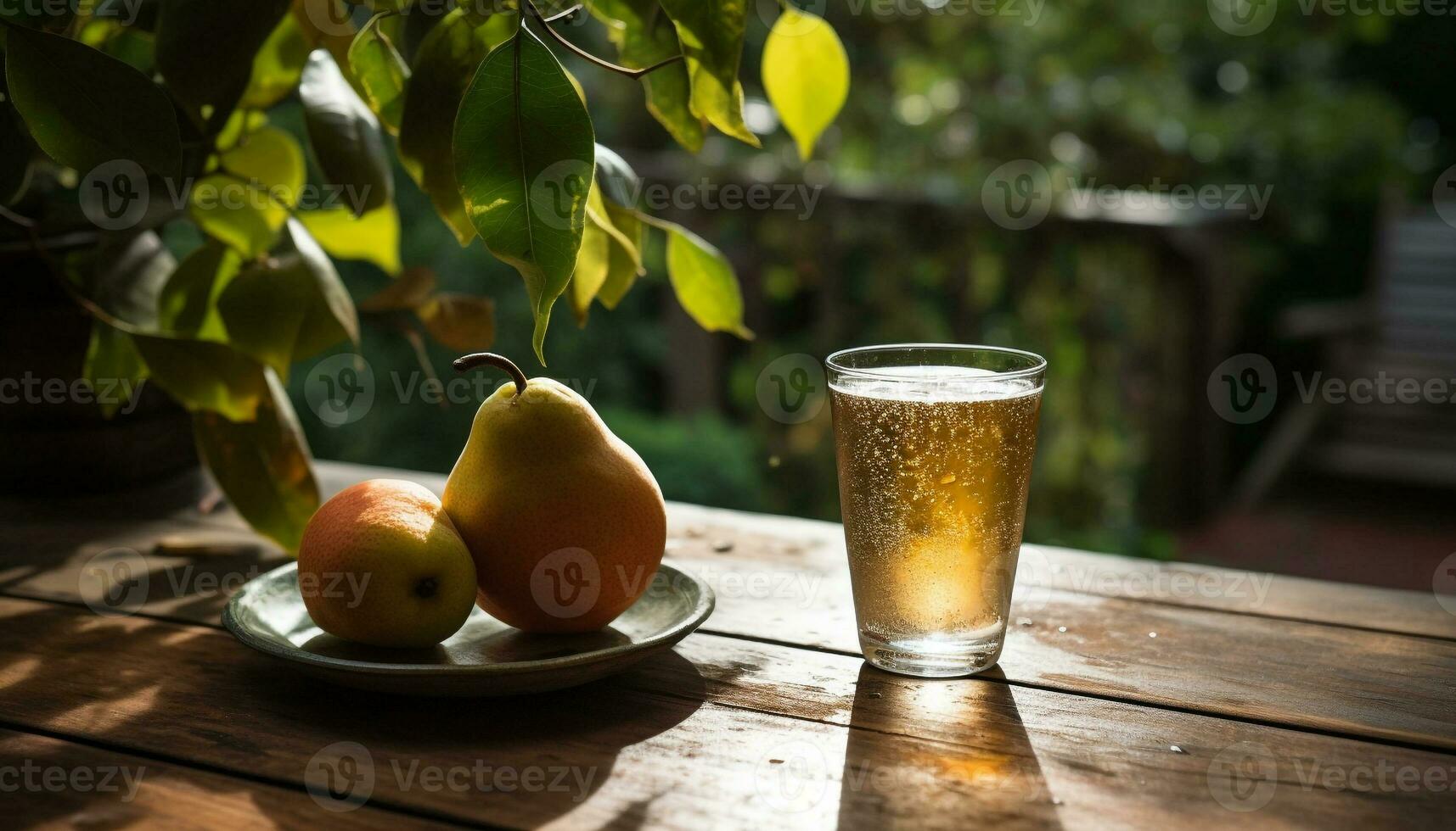 organisk frukt på trä- tallrik, uppfriskande sommar dryck genererad förbi ai foto