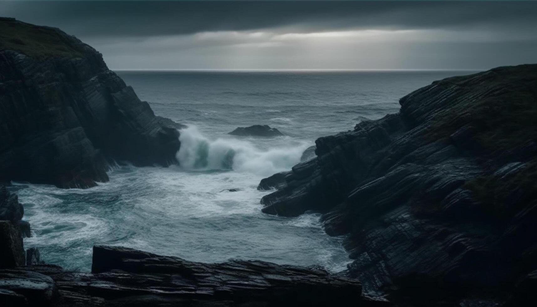 grov vågor krascha mot majestätisk Cliffside på skymning genererad förbi ai foto