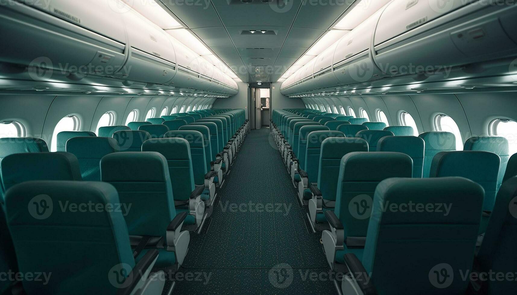 bekväm säten i en modern flygplan stuga med tömma gång genererad förbi ai foto