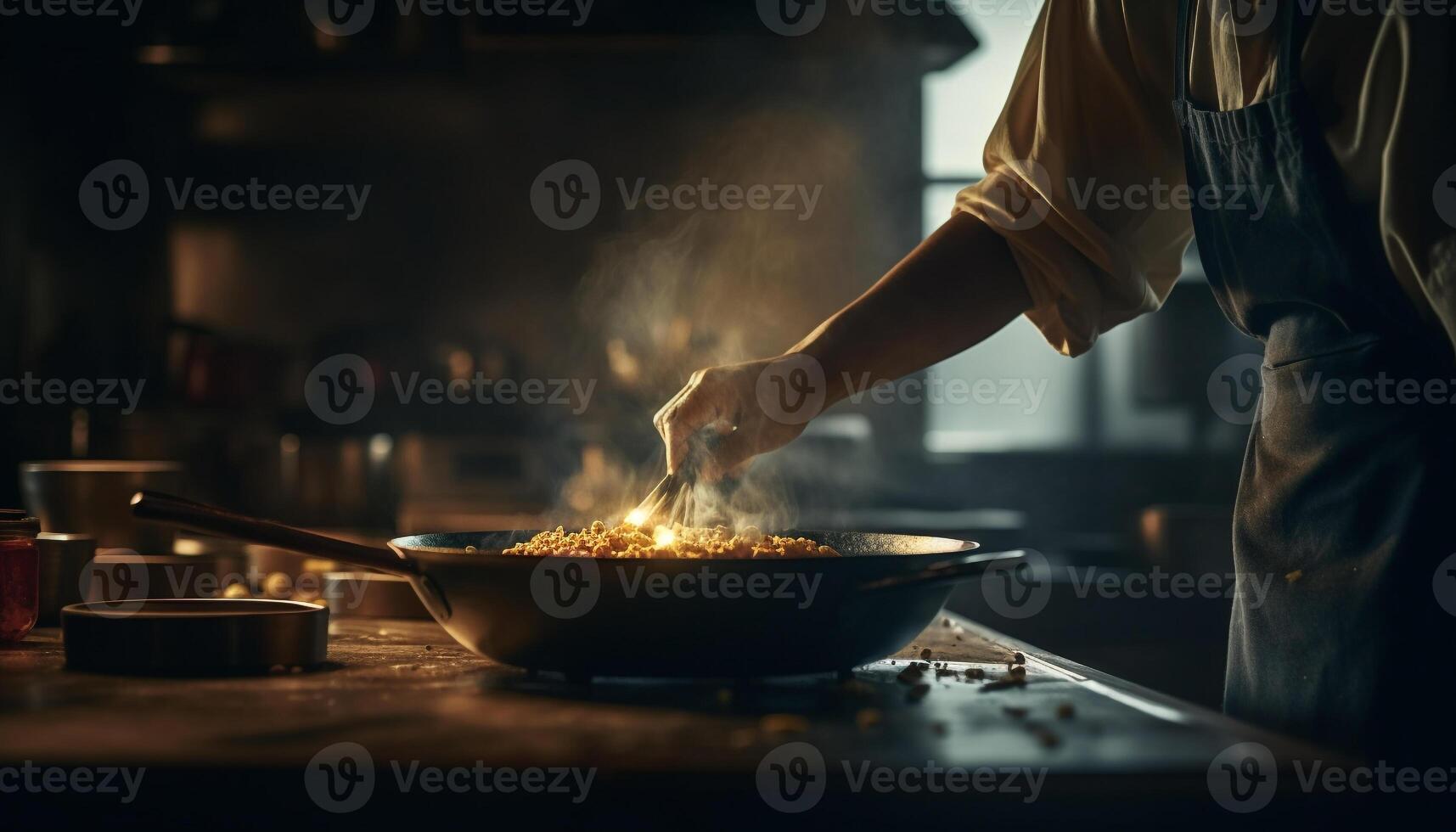 ett man matlagning friska måltid i inhemsk kök med Ingredienser genererad förbi ai foto