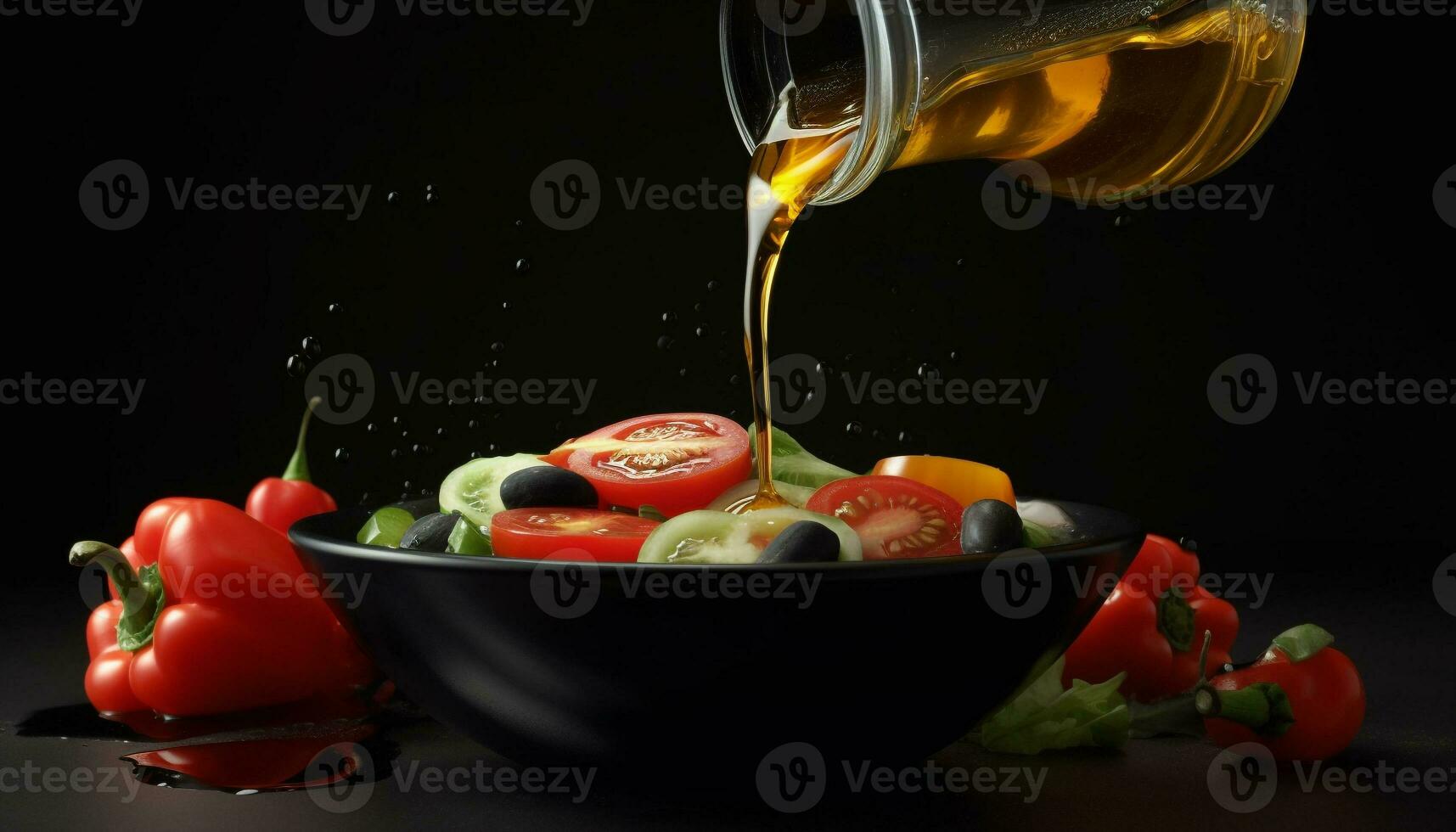 färsk organisk vegetabiliska sallad med mogen tomat och klocka peppar genererad förbi ai foto