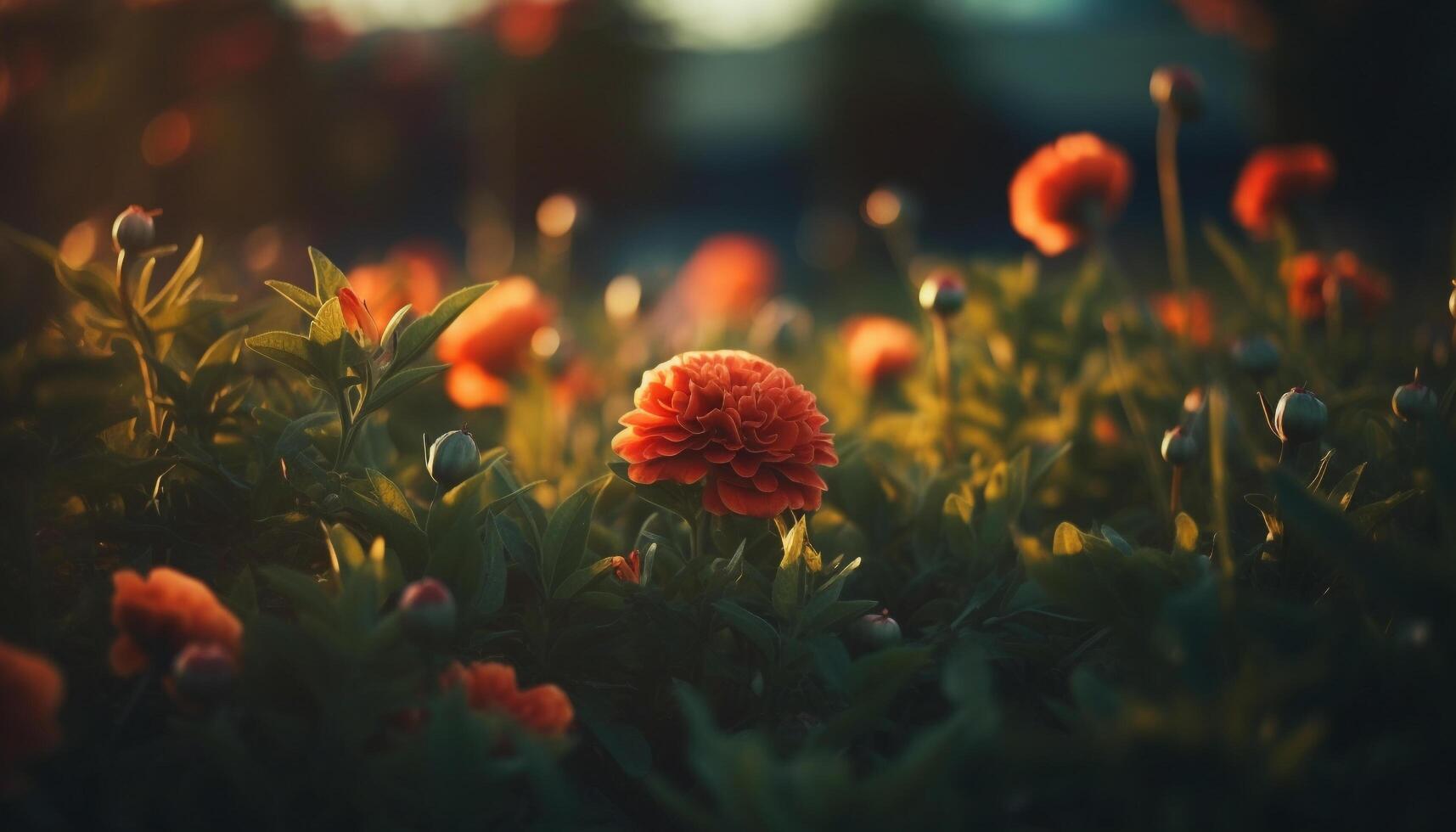 vibrerande vild blomma äng i sommar solnedgång, skönhet i natur färger genererad förbi ai foto