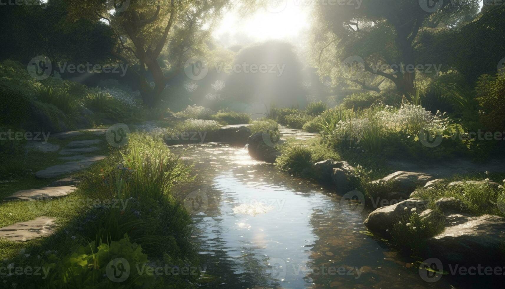 lugn scen av en skog äng med strömmande vatten och reflexion genererad förbi ai foto