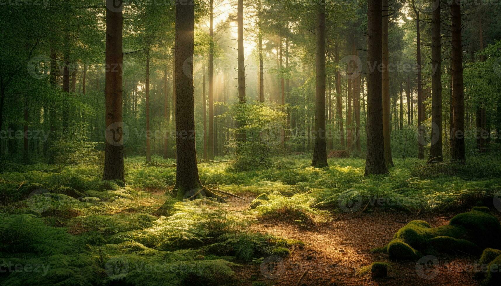 lugn skog gångstig leder till mystisk gul ormbunke i gryning genererad förbi ai foto