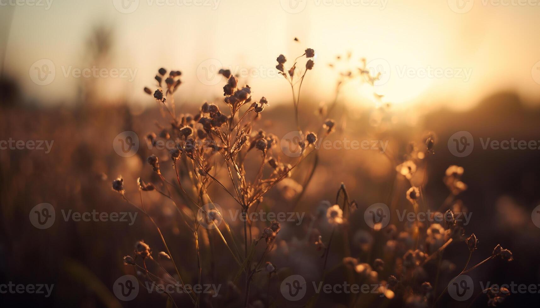 vibrerande vild blomma i äng på solnedgång, bakgrundsbelyst skönhet genererad förbi ai foto