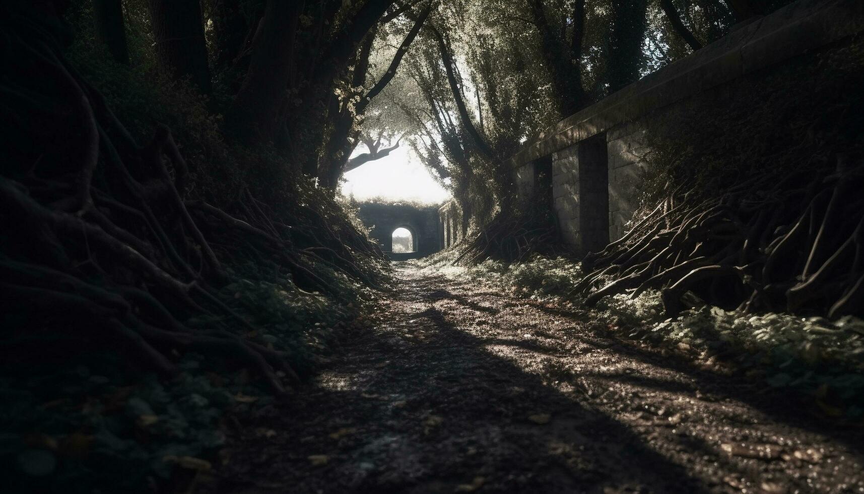 en läskigt gammal skog väg försvinnande in i en mystisk horisont genererad förbi ai foto