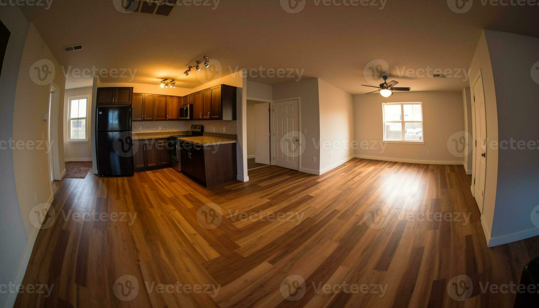 modern lyx lägenhet med elegant hårt träslag golv och ljus belysning genererad förbi ai foto