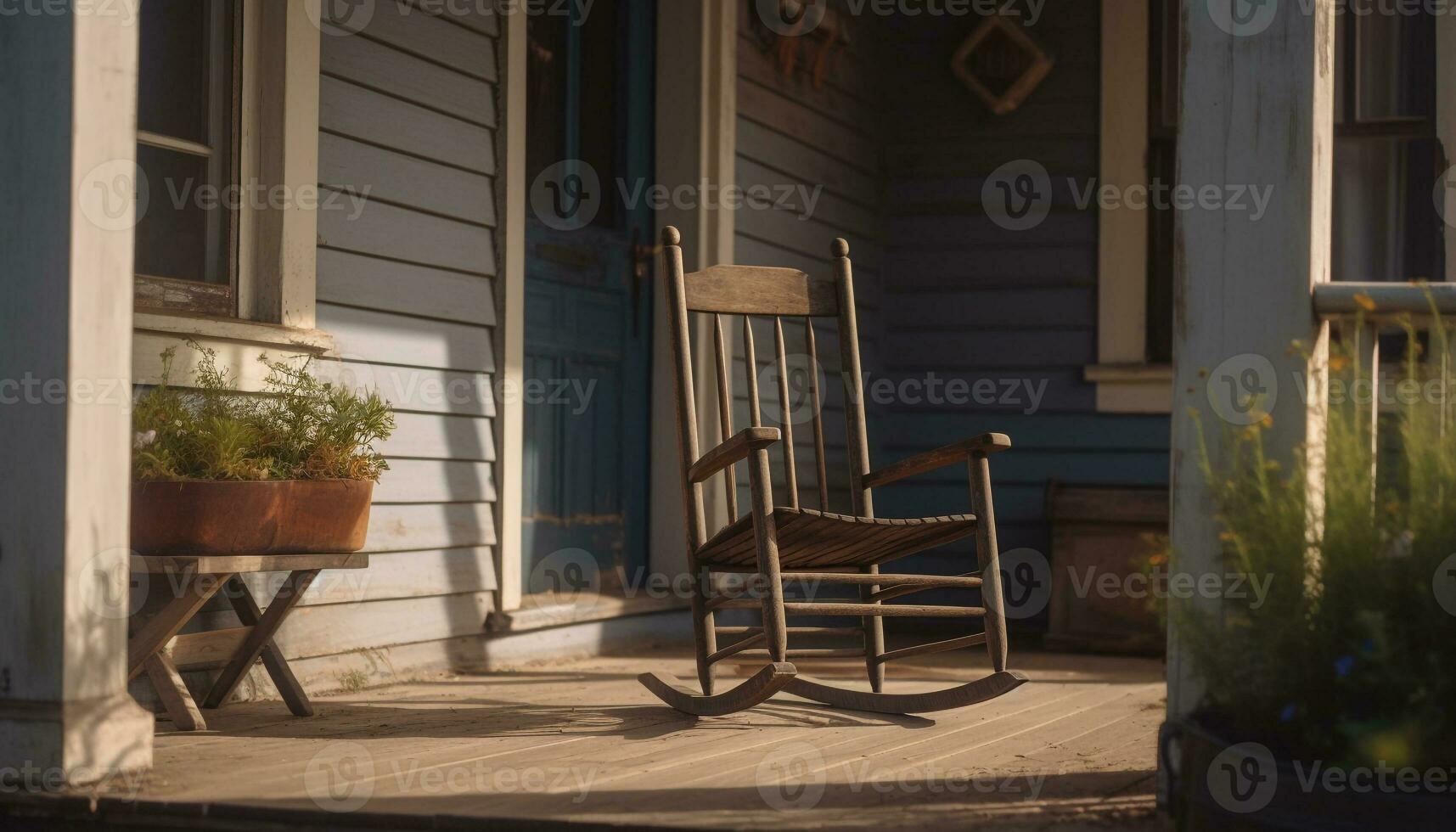 bekväm rustik stol på veranda omgiven förbi natur lugn genererad förbi ai foto