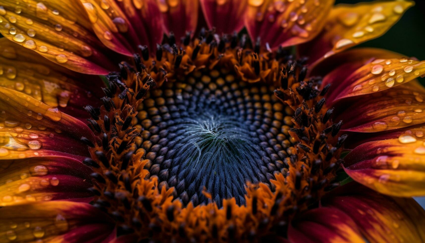 vibrerande solros blomma, dagg droppar på kronblad, bi samlar pollen genererad förbi ai foto