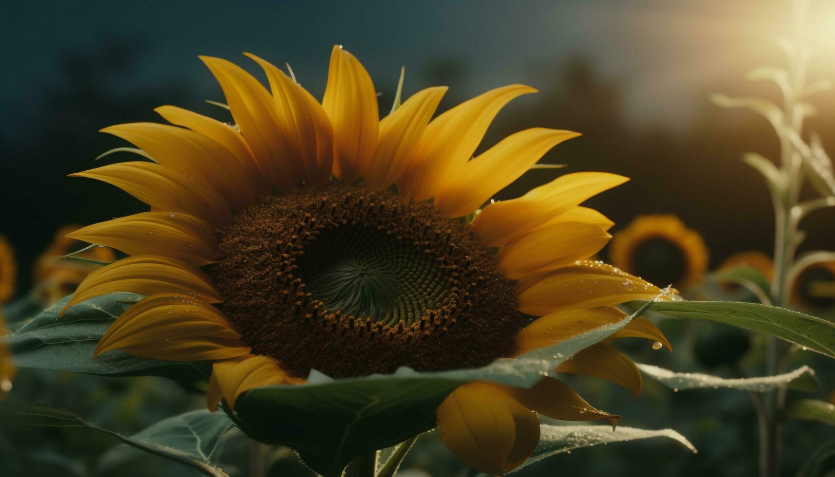 vibrerande solros blomma i äng, lockar bin för organisk honung genererad förbi ai foto