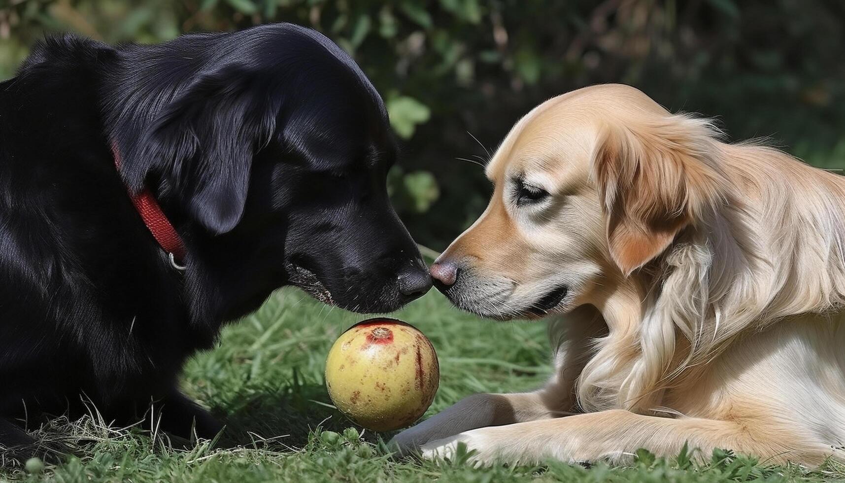 gyllene retriever valp spelar med boll i grön äng genererad förbi ai foto