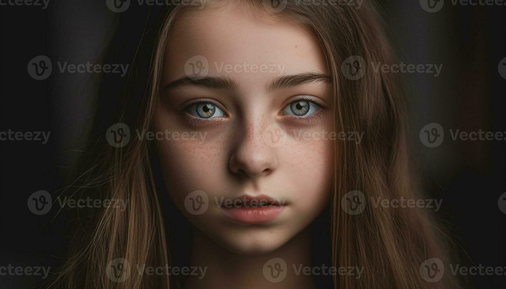 allvarlig ung vuxen flicka med brun hår och brun ögon ser genererad förbi ai foto