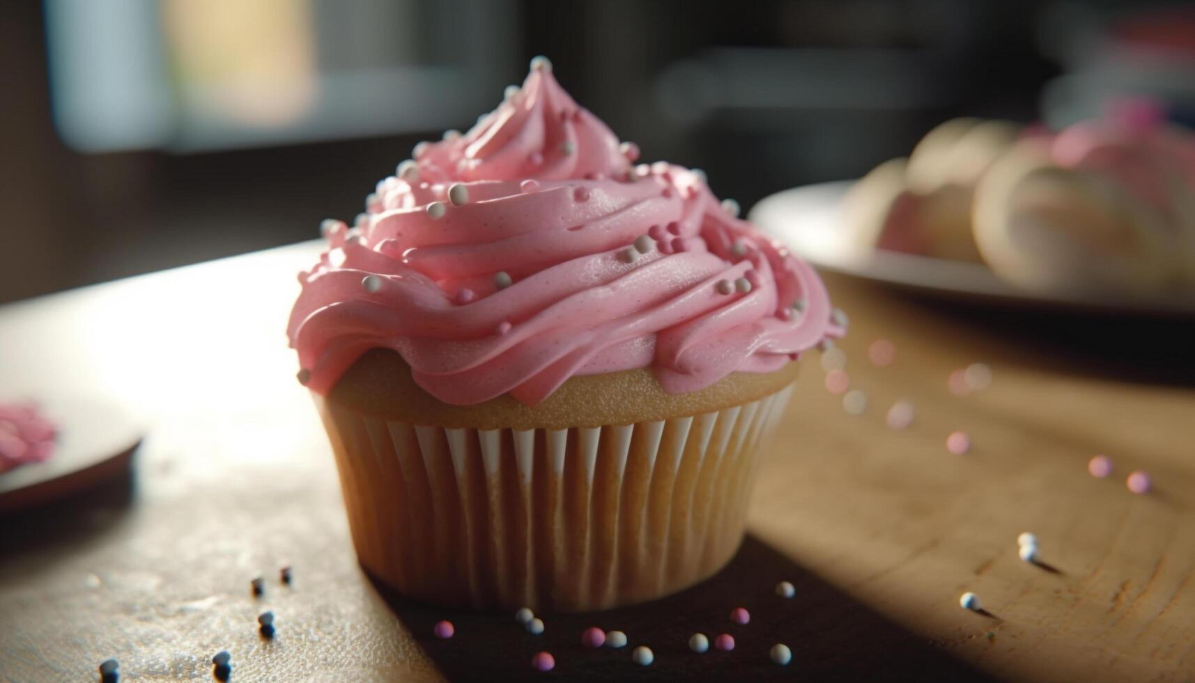 vispad grädde och jordgubb cupcake, en ljuv flathet för firande genererad förbi ai foto