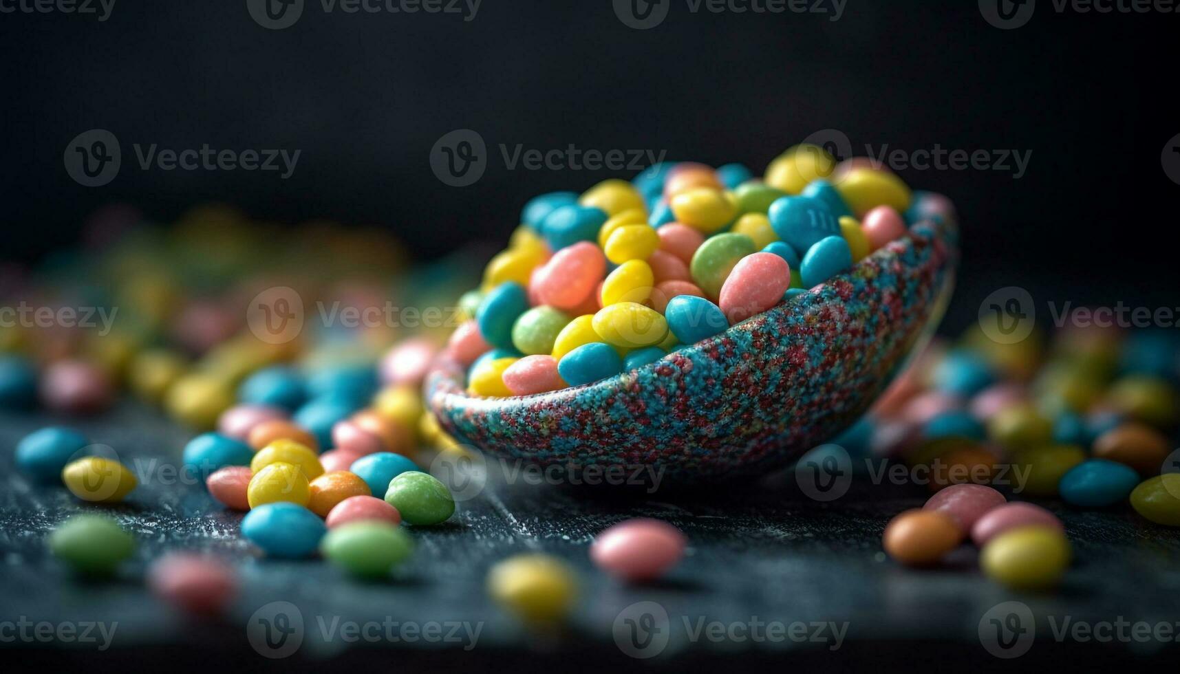 en färgrik godis skål med en mängd av ljuv behandlar genererad förbi ai foto