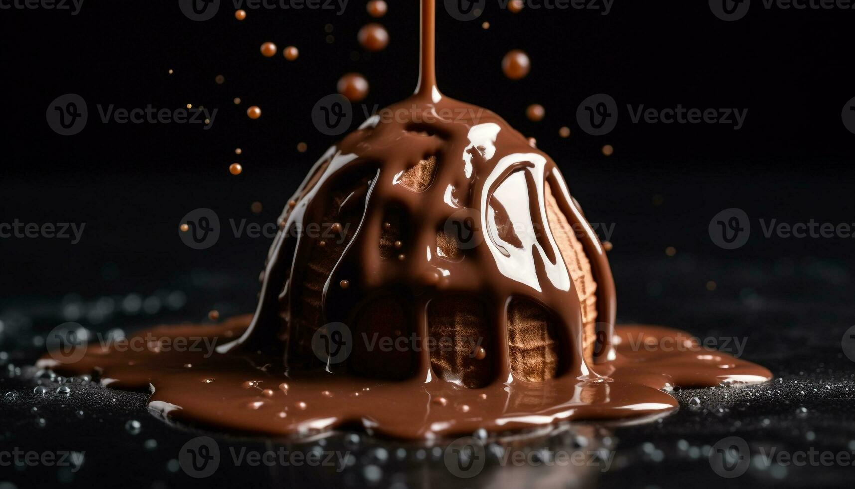 eftergiven choklad efterrätt, gourmet kaka form, stänk mjölk häller stänga upp genererad förbi ai foto