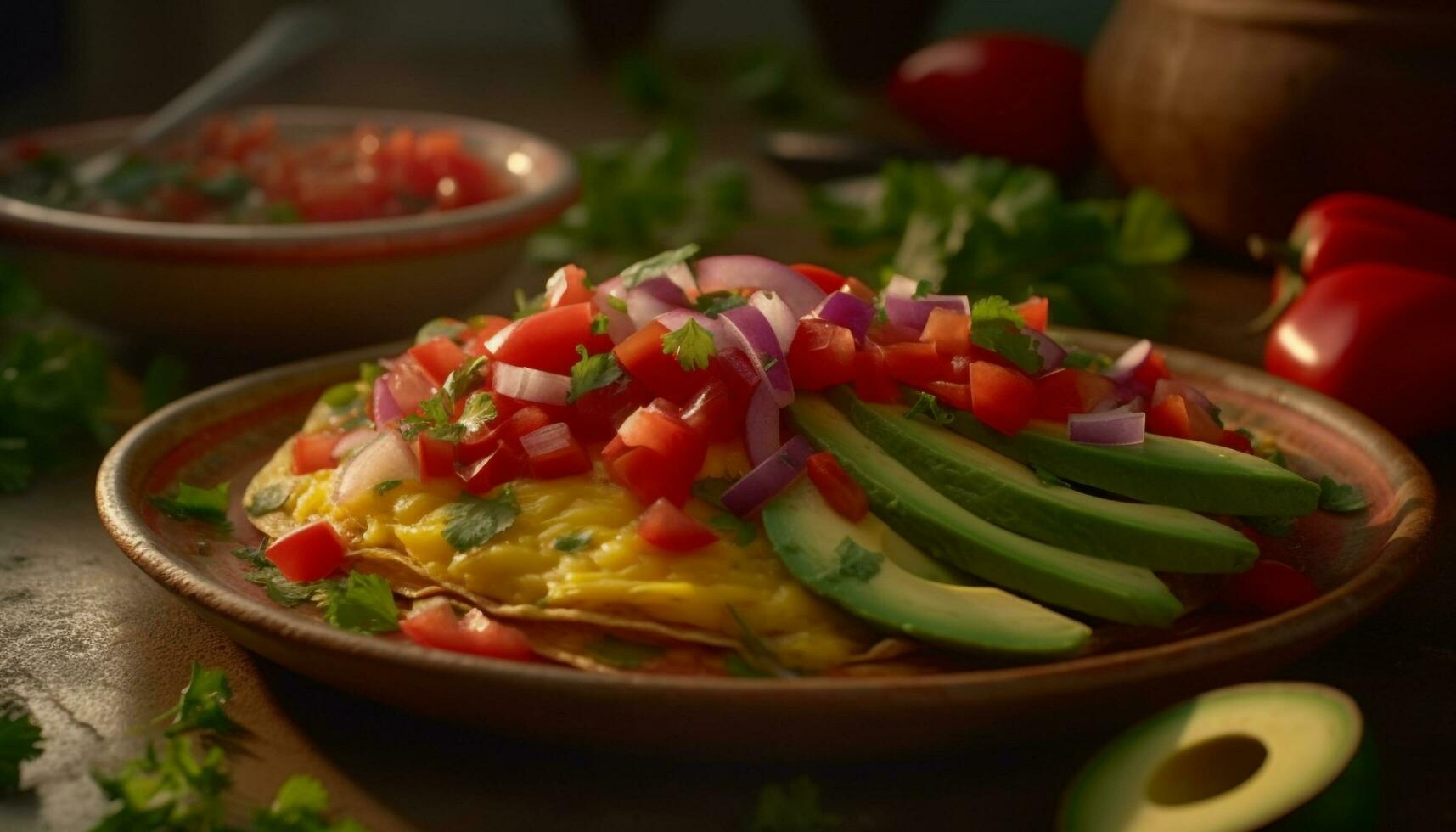 färsk vegetarian taco sallad med guacamole och hemlagad salsa sås genererad förbi ai foto