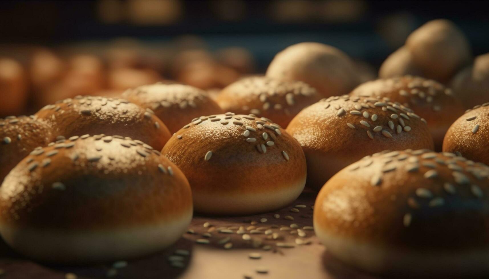 nyligen bakad hela vete bröd med sesam frön på trä- tabell genererad förbi ai foto