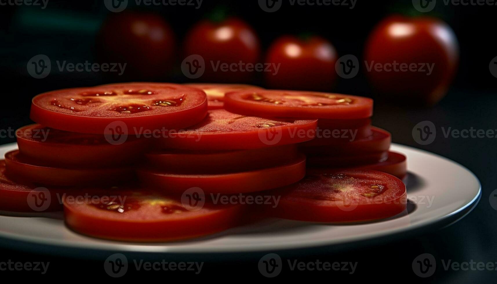 saftig tomat skiva på organisk sallad tallrik, perfekt friska aptitretare genererad förbi ai foto