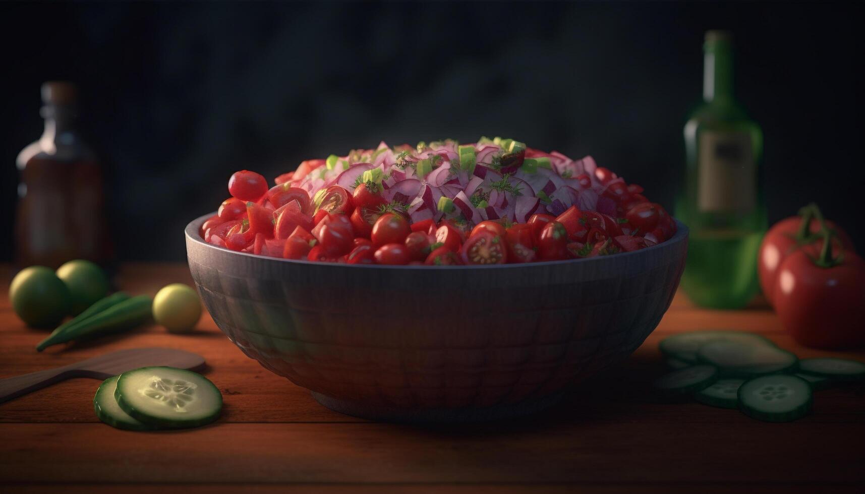 färsk organisk vegetarian sallad med mogen tomat och gurka på trä genererad förbi ai foto