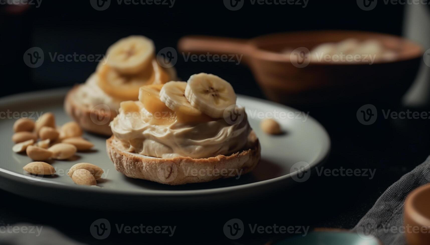 nyligen bakad banan bröd på rustik trä- tallrik, eftergiven mellanmål genererad förbi ai foto